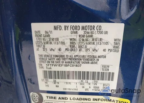 2011 Ford F-150 Xlt из США, поврежденный, VIN 1FTFW1EF1BFC01837